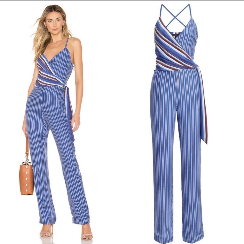 Rag & Bone Felix Silk Striped Wrap Jumpsuit Size 8 Blue Red Wide Leg Pockets